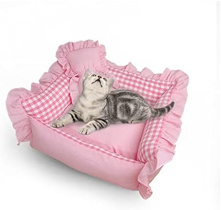 Cama de cachorrinho xadrez azul boomlatu com travesseiro pequeno rosa, removível e lavável cama de gato confortável
