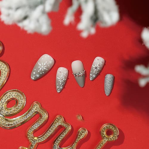 Imprensa de Natal nas unhas Design de unhas falsas de comprimento de amêndoa com floco de neve e strass, gradiente