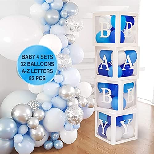 82pcs Decorações do chá de bebê para kit de menino - caixa de balão de bloco de bebê transparente jumbo