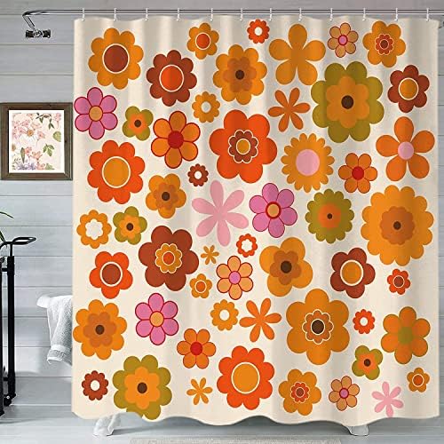Cortina de chuveiro de flores retrô, groovy marrom laranja solar flor vintage 70s cortinas de chuveiro de tecido