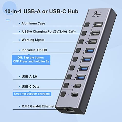 Hub USB 3.0/USB C, desdobramento USB com porta Ethernet, 3 USB A CARGA, 4 USB A 3,0, 2 USB C Transferência