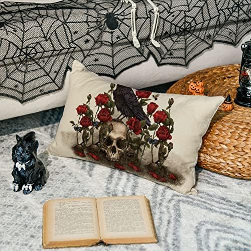 Avoin colorlife Halloween esqueleto Crow Flower Pillow Capas, 12 x 20 polegadas Halloween travesseiro de halloween