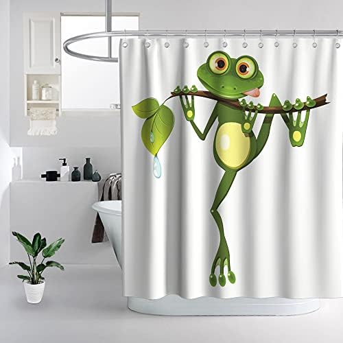 Curta -chuveiro engraçado define o sapo de animal verde no ramo de árvore chuvosa cortinas modernas