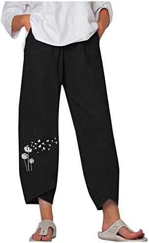 Calças casuais de perna reta de cintura alta para senhoras Summer Summer Fall Linen Dandelion Floral Graphic Pants