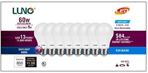 LUNO A19 Bulbo LED não minimível, 9,0W, 800 lúmens, 5000k, base média, UL certificada