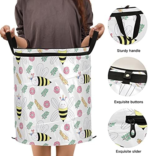 Cute Unicorn Bee Pop Up Laundry Horty com tampa de cesta de armazenamento dobrável Bolsa de lavanderia dobrável
