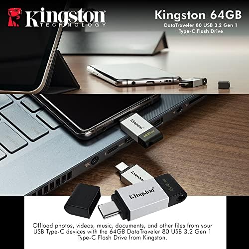 Kingston 64 GB DataTraveler 80 Dridade portátil e leve USB Flash - DT80/64 GB com USB 3.2 Gen 1 Type -C Conexão,