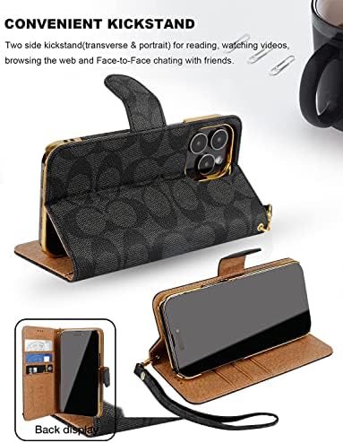 Caixa de couro de luxo compatível com o iPhone 13 Pro com pulseira de pulso para mulheres meninas, estilista clássico