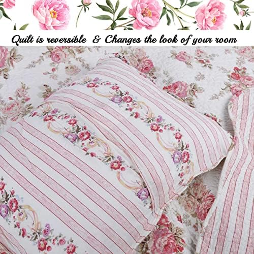 Linha aconchegante Fashions Home Pink Peony Floral Algodão Reversível Conjunto de cama de quilt, Coverlet,