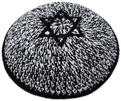 ATERET Judaica de malha de malha artesanal tamanho 16 cm em cores preto e branco com estrela de David,