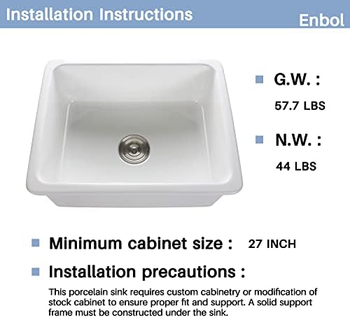 24 Pia de cozinha para baixo - enbol a 24x18 polegadas Undermount White Porcelain Kitchen Sink