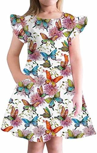 Vestidos de verão da Luckyshe Girl Flutter Sleeve Vestido de festa de giro A-line com bolsos por 6 a 12 anos