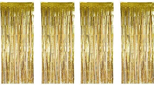 4pc Gold Gold Metallic Tinsel Fringe Cortans, cenário de porta, decoração de 3 pés x 8 pés para a formatura
