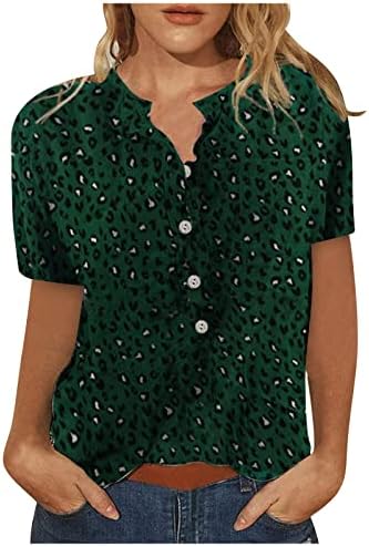 Moda feminina estampa de leopardo Henley camisa fofa botão de manga curta Tops 2023 camisas casuais de