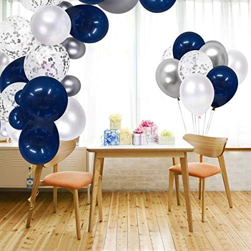 Balões de confetes azuis e prateados azul marinho, 50 PCs de 12 polegadas de festa de festas metálicas brancas