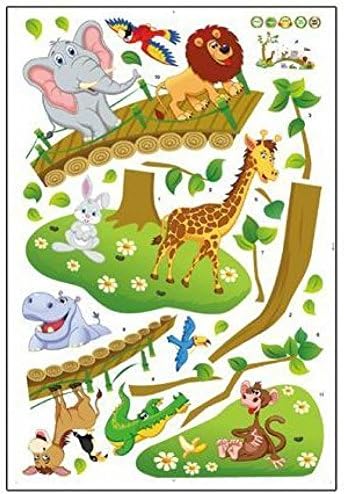 IMOAN 3D Cartoon Jungle Wild Animal Tree Bridge Lion Giraffe Birds Flores Flores Adesivos de parede para