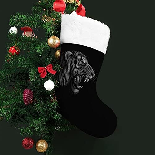 Retrato de tigre preto e branco Meias de natal, meia árvore de natal, ornamentos pendurados para férias de lareira