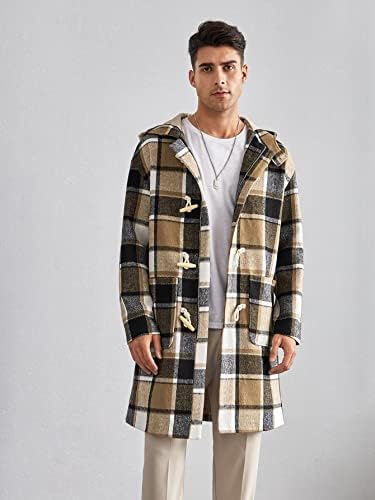 Jackets Ninq para homens - Men Plaid Double Pocket Hooded Overcoat