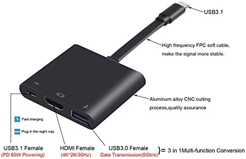 Adaptador USB C, Tipo C a HDMI 4K+USB 3.0+USB-C Cabo de carregamento de carregamento do conversor