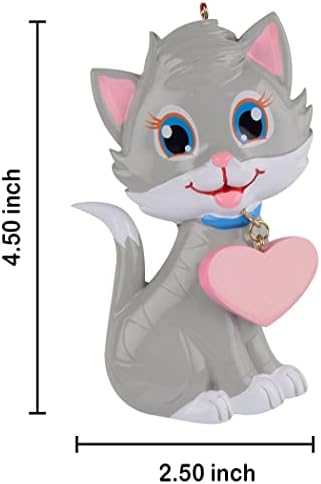 Maxora personalizada Kitty Christmas Tree Ornament 2022 - Gato cinza com ornamento de coração rosa -