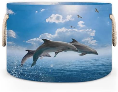 Golfinhos fofos mar grandes cestas redondas para cestas de lavanderia de armazenamento com alças cestas