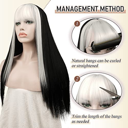 Sofeiyan peruca reta longa com franja preta com faixas brancas perucas sintéticas de reposição de cabelos resistentes