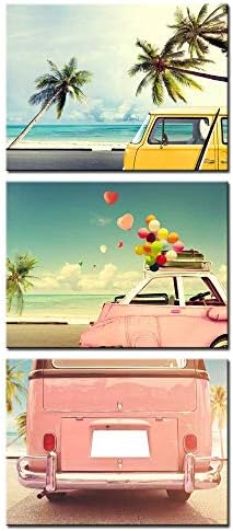 Eu souber Foto 3pcs Canvas Imprime o carro clássico vintage com balão colorido de coração na praia azul céu