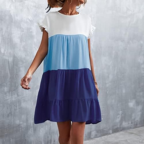 Mini vestido feminino colorblock solto vestidos de verão sem mangas com manga de manga de manga de manga redonda vestido plissado fluido curto
