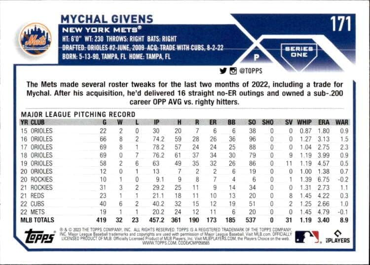 2023 Topps 171 Mychal Givens New York Mets Series 1 MLB Baseball Trading Card