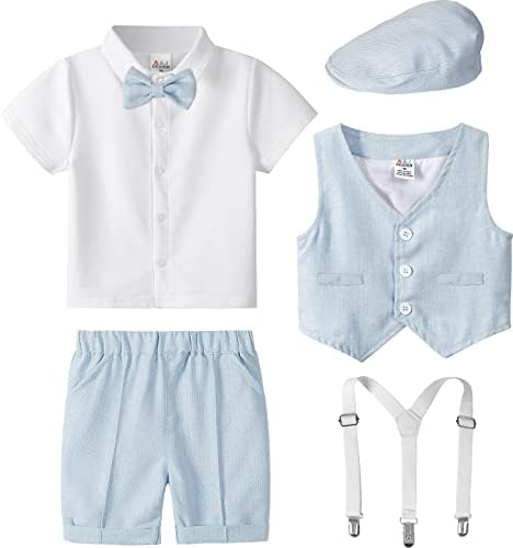 A&J Design Baby Boys Roupfits, 4pcs Camisa de terno Gentleman & Shorts & Vest & Hat