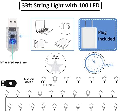 Star String Lights Cores de cor, 100 LED LUZES TWINKENS impermeabilizadas, 33 pés de fada usada por