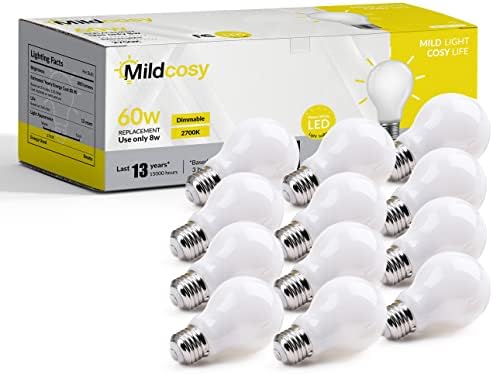Lâmpadas LED de LED de MildCosy A19 diminuem, equivalente a 60w, branco quente 2700k 8 watts 800 lúmens CRI
