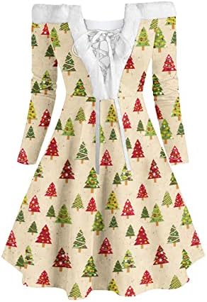 Bloco colorido de cor da árvore de Natal Mini vestido de moda de moda fluida de manga comprida