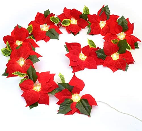 Artiflr 6,5 pés iluminados Garland de Natal com bagas vermelhas e folhas de azevinho, Garland de poinsétia