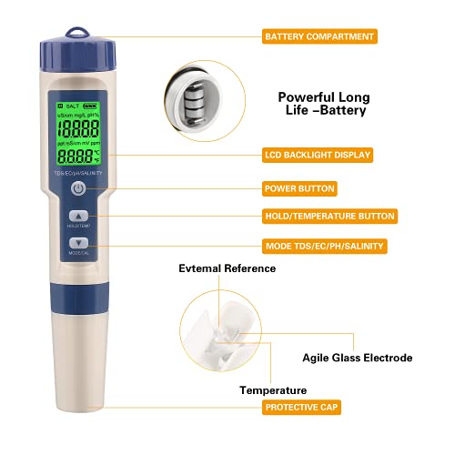 Medidor de pH digital com testador de pH ATC, 5 em 1 pH TDS EC TEMP 0.01 Resolução Testador de caneta de alta
