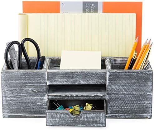 Mygift Rússico Grey Mold Wood Desktop Office Supplies Organizer Caddy com 6 compartimentos para documentos,