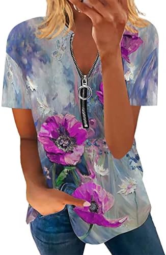 TOP PARA MULHERM Women Summer Feminino Floral Impresso com zíper curto de manga curta Camiseta de imitação de algodão