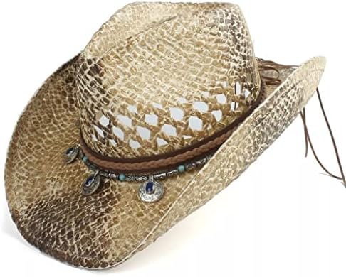 Zhuhw Capinho de cowboy chapéu de palha jazz verão chapéu de cowboy western boho palha chapéu de praia chapéu