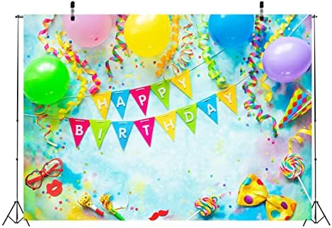 Corfoto 9x6ft Fabric Feliz Aniversário Balões coloridos Flâmicas de aniversário Aderetes Ações