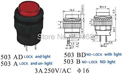 503AD com botão de botão de auto-travamento da lâmpada / redonda 16mm 3a / 250V Red