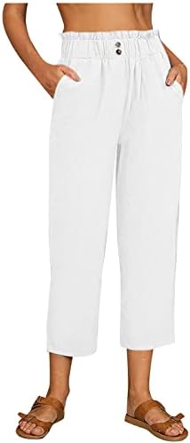 calça lcziwo para mulheres linho de linho de algodão elástico de cintura alta botão de calça de perna larga