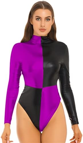 iiniim feminino colorido bloco de manga comprida Bodysuit metálico Verificação simulada zíper do pescoço