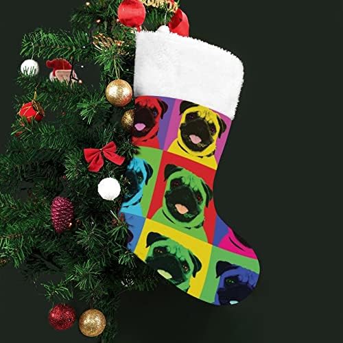 Pug Pop Art Squares Repetindo meias de Natal Tree Lareira pendurada de árvore com decoração de punho de pelúcia