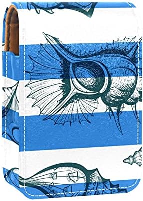 Sea Conch Blue Stripe Caso pequeno de batom com espelho para bolsa, suporte de maquiagem cosmética de couro