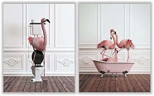 Arte de parede de flamingo de banheiro engraçado - conjunto sem moldura de 2 - decoração de quarto