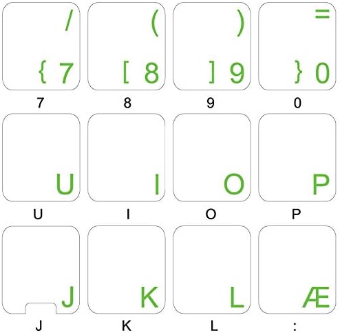 Adesivos de teclado dinamarquês com letras verdes em fundo transparente