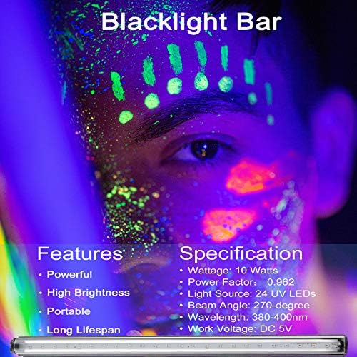 Barra de luz preta LED, 10W 1ft USB portátil T5 UV Blacklight Tube Glow in the Dark for Body Body Belroom Bedroom