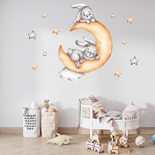 Fanquare Bunny dormindo na lua Decalques de parede Lua e estrelou os adesivos de parede descascam e decoram a