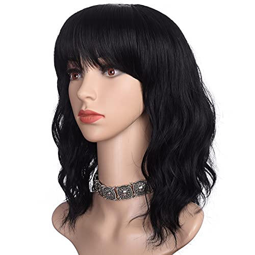 Morvally Black Wavy Bob Wig com franja para mulheres 16 polegadas de cabelo sintético natural perucas