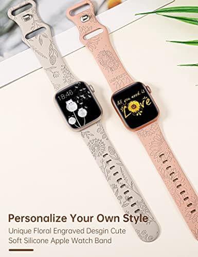 Minyee 2 embalta banda floral gravada compatível com Apple Watch 38mm 40mm 41mm Girls Girls, Cute Silicone